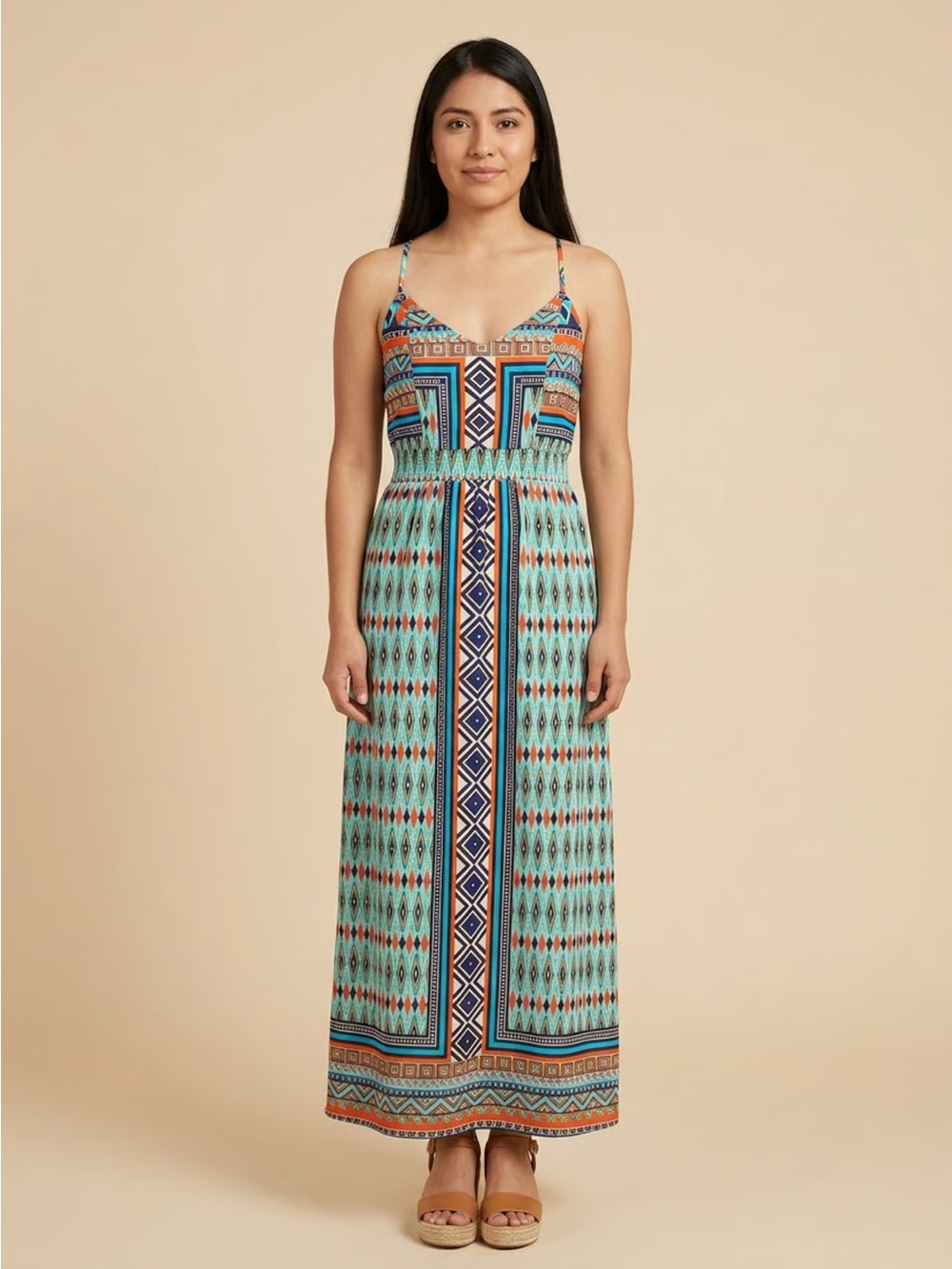 MYAN | Coloful Geo-Print Spaghetti-Strap Maxi Dress Sz